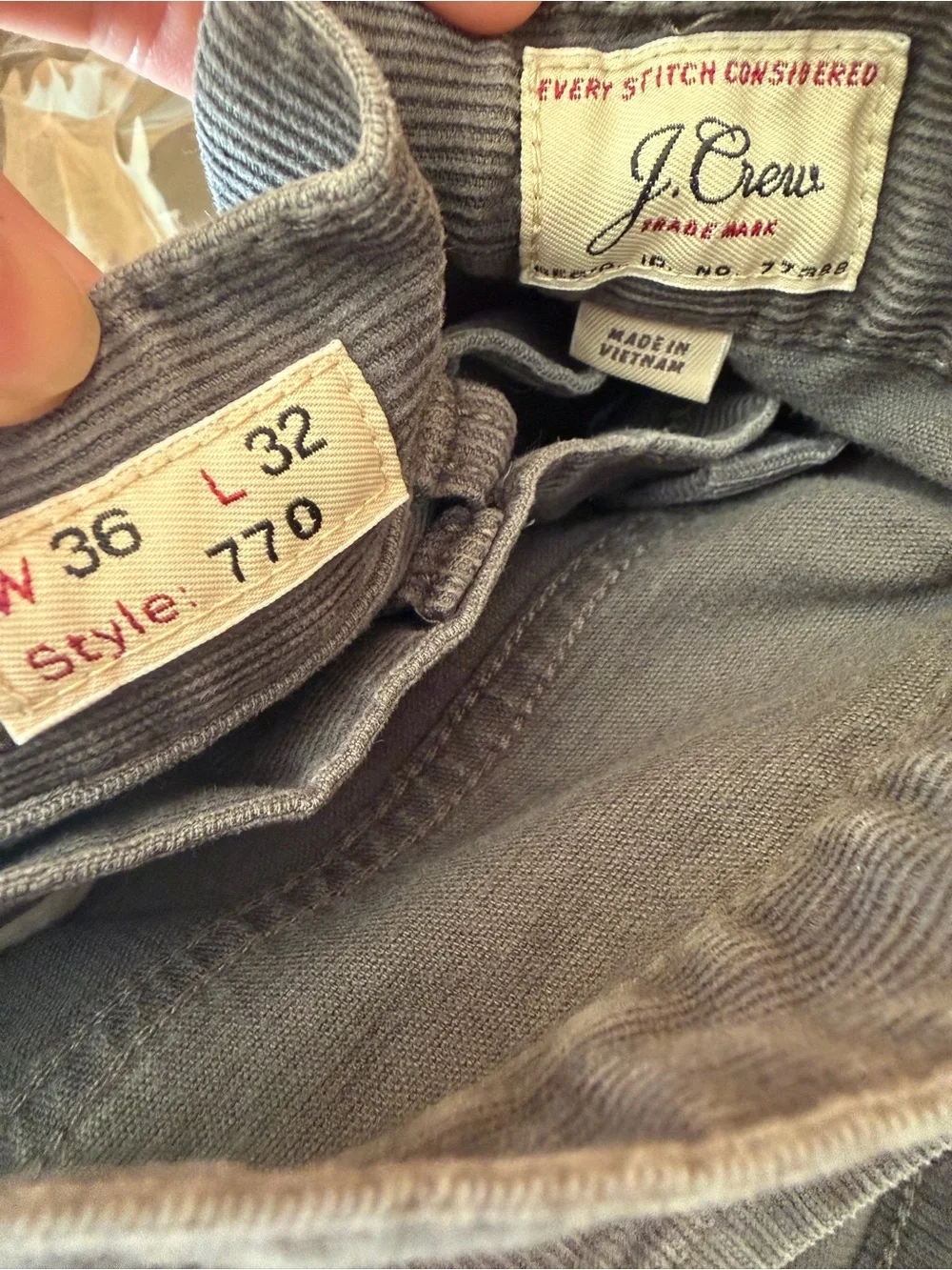J.Crew Mens Grey Fine Corduroy Pants Stretch Cotton Re-Imagines Size 36x32